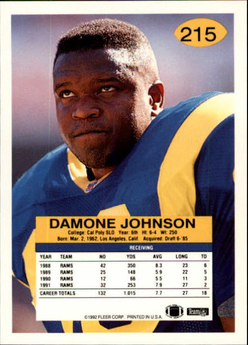 1992 Fleer #215 Damone Johnson back image