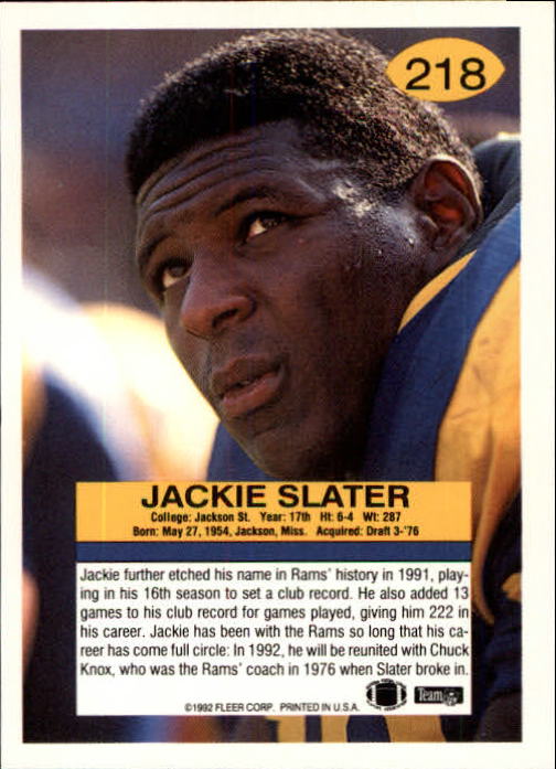 1992 Fleer #218 Jackie Slater back image
