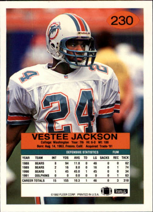 1992 Fleer #230 Vestee Jackson back image