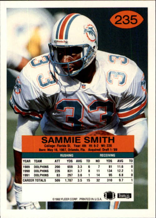 1992 Fleer #235 Sammie Smith back image
