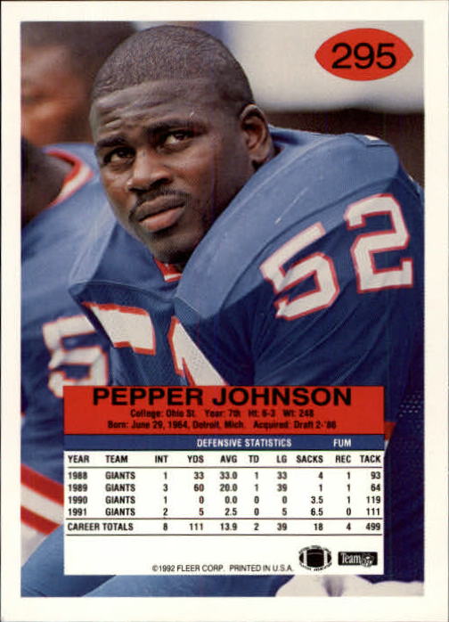 1992 Fleer #295 Pepper Johnson back image