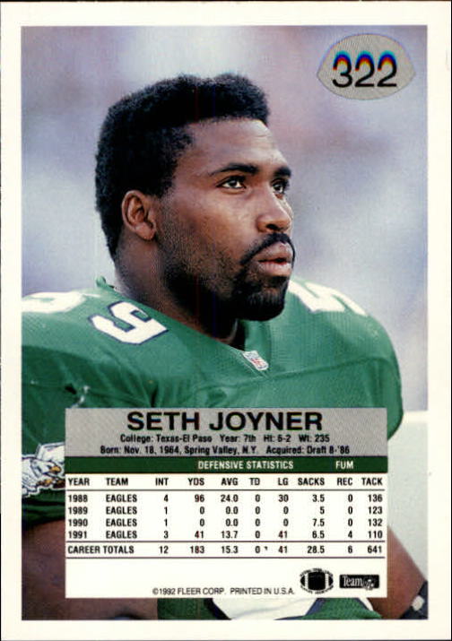 1992 Fleer #322 Seth Joyner back image