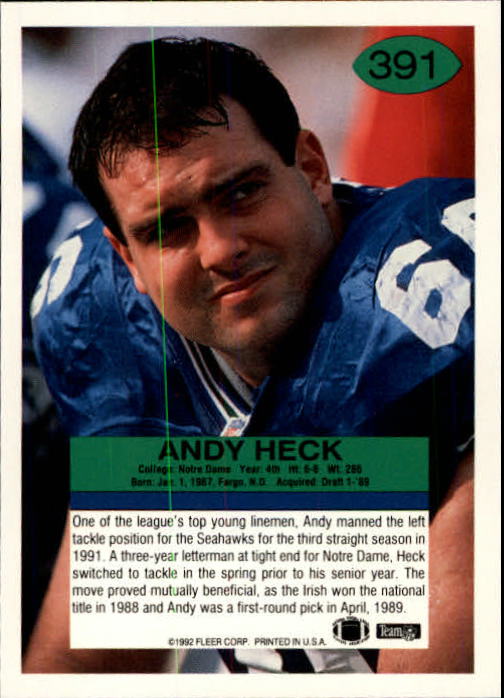 1992 Fleer #391 Andy Heck back image