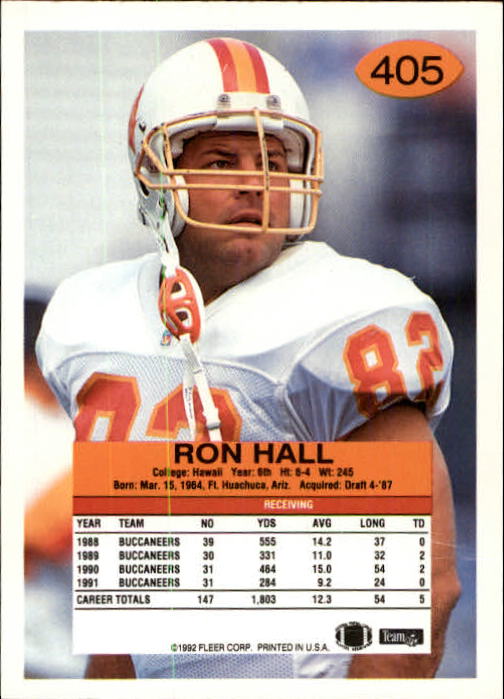 1992 Fleer #405 Ron Hall back image