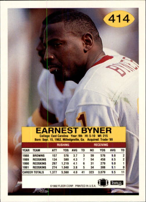 1992 Fleer #414 Earnest Byner back image
