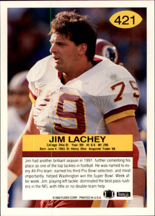 1992 Fleer #421 Jim Lachey back image