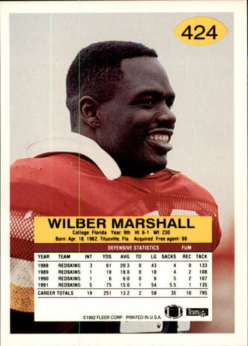 1992 Fleer #424 Wilber Marshall back image