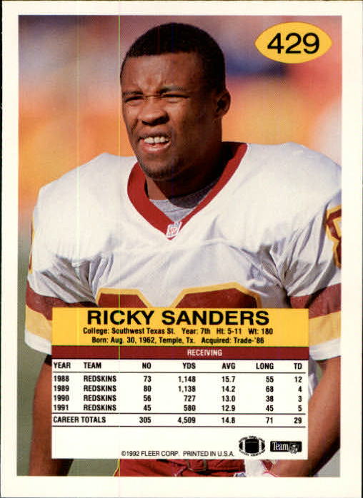 1992 Fleer #429 Ricky Sanders back image