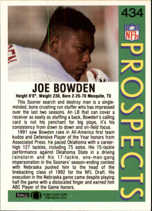1992 Fleer #434 Joe Bowden RC back image