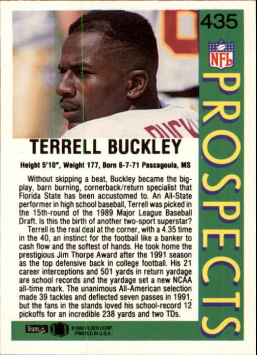 1992 Fleer #435 Terrell Buckley RC back image
