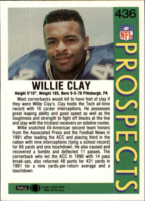 1992 Fleer #436 Willie Clay RC back image