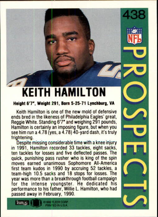 1992 Fleer #438 Keith Hamilton RC back image