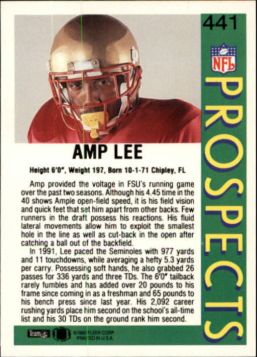 1992 Fleer #441 Amp Lee RC back image