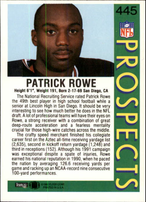 1992 Fleer #445 Patrick Rowe RC back image