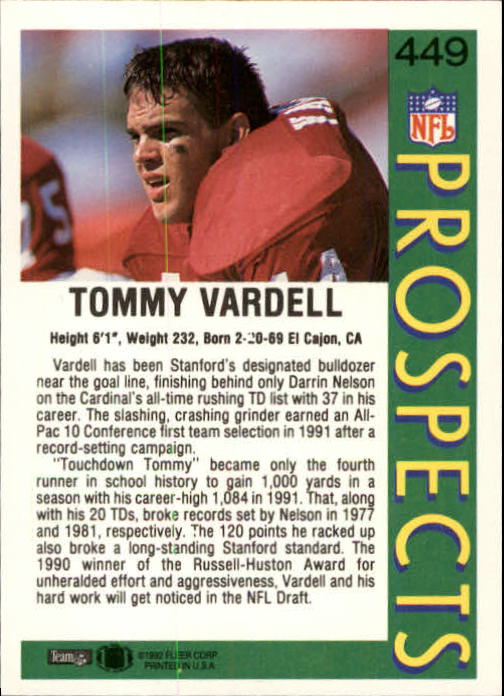1992 Fleer #449 Tommy Vardell RC back image