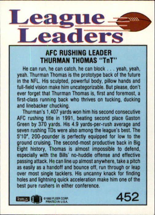 1992 Fleer #452 Thurman Thomas LL back image
