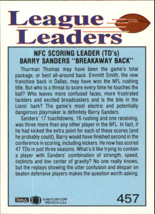 1992 Fleer #457 Barry Sanders LL back image