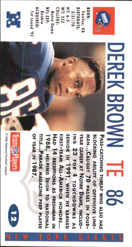 1992 GameDay #12 Derek Brown TE RC back image