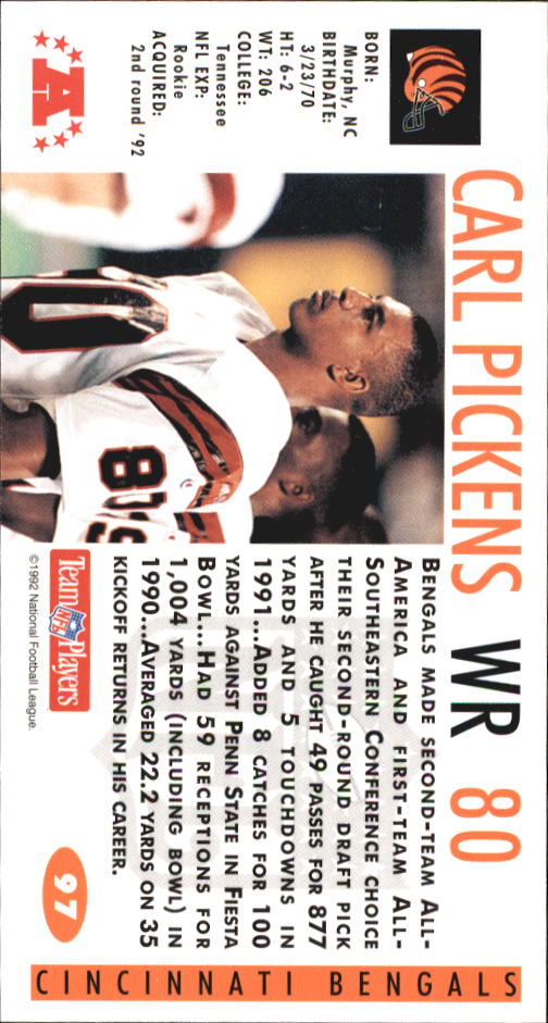 1992 GameDay #97 Carl Pickens RC back image