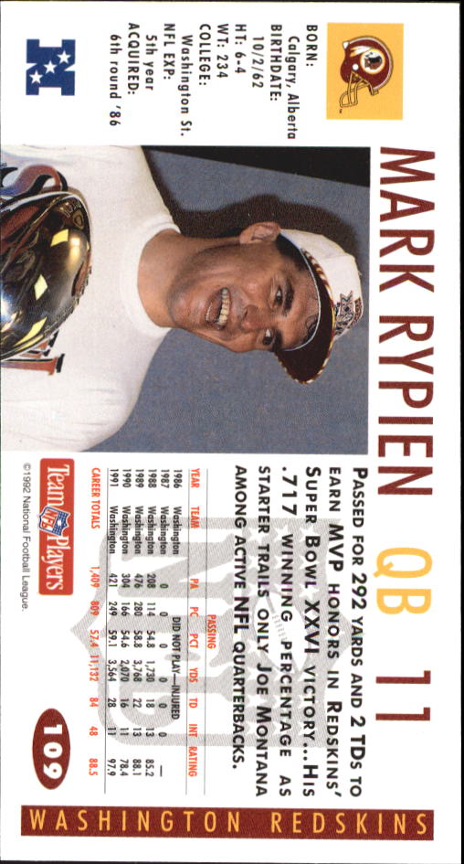 1992 GameDay #109 Mark Rypien back image