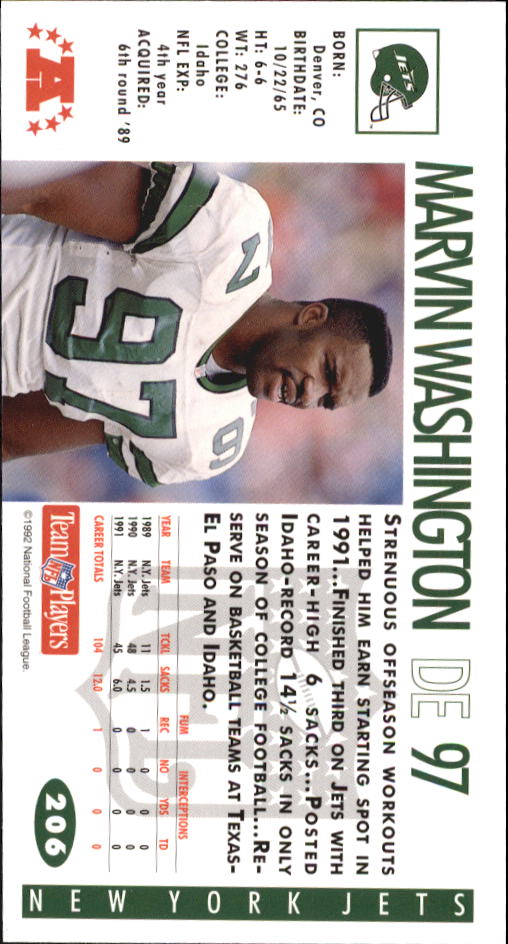 1992 GameDay #206 Marvin Washington back image