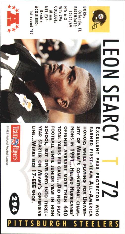 1992 GameDay #294 Leon Searcy RC back image