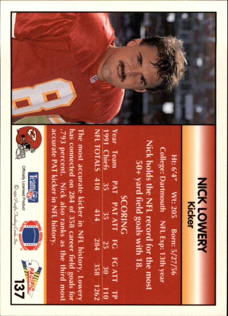 1992 Pacific #137 Nick Lowery back image