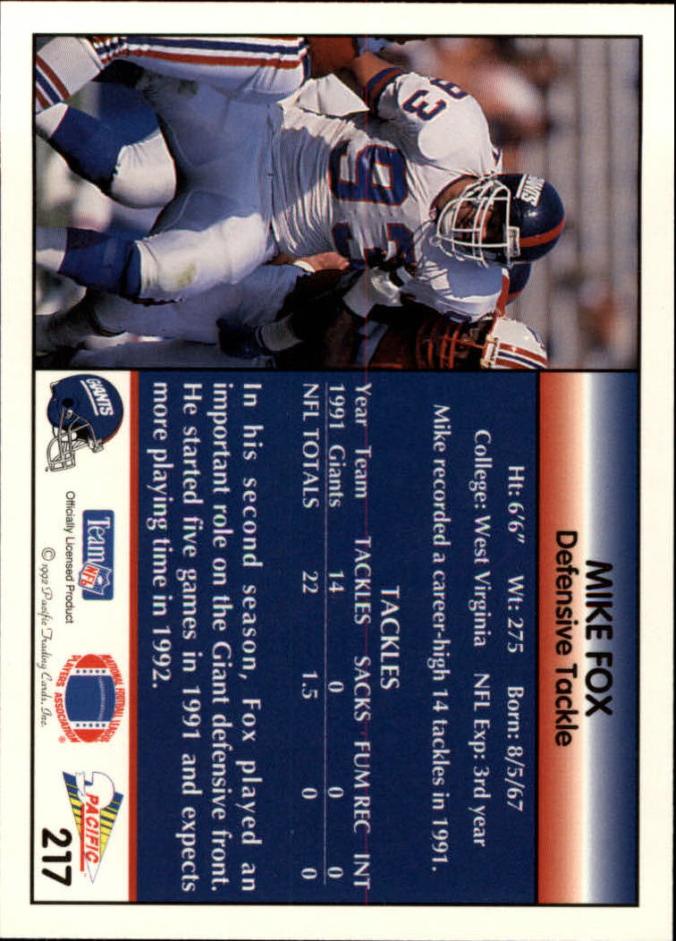 1992 Pacific #217 Mike Fox back image