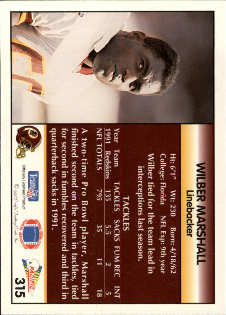 1992 Pacific #315 Wilber Marshall back image
