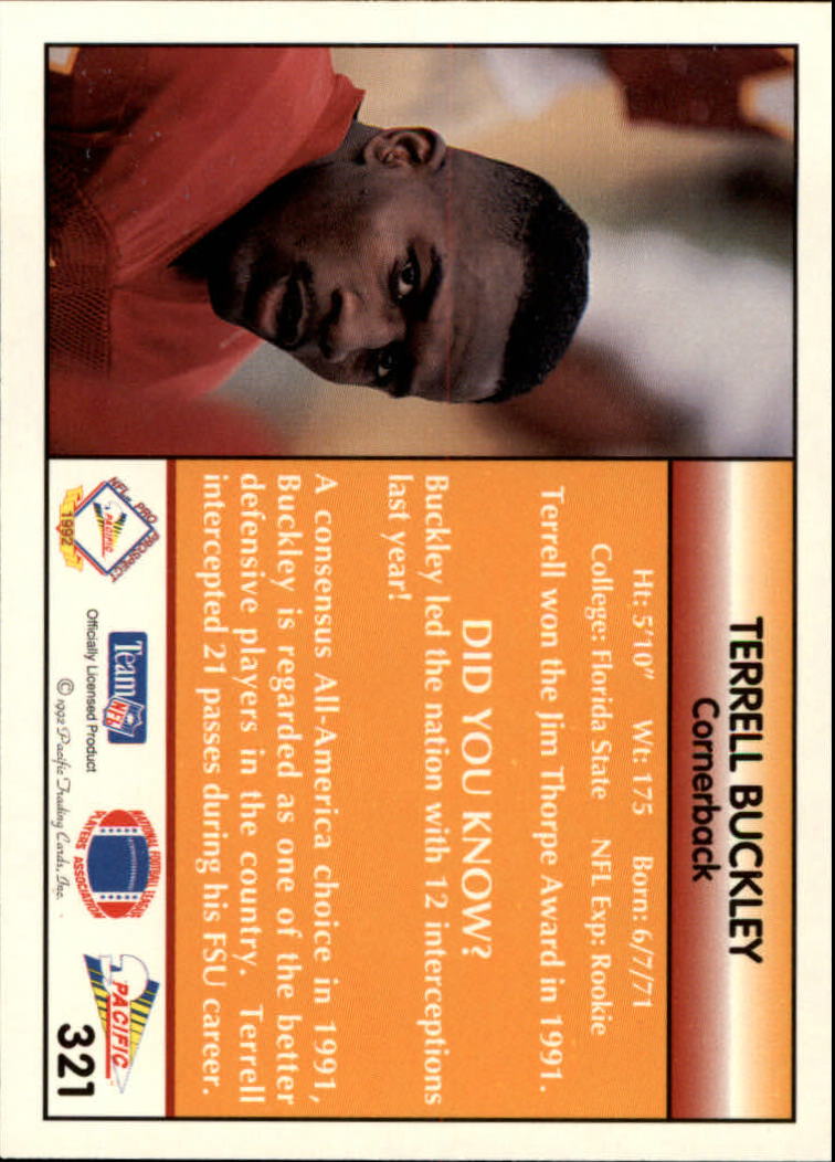 1992 Pacific #321 Terrell Buckley RC back image