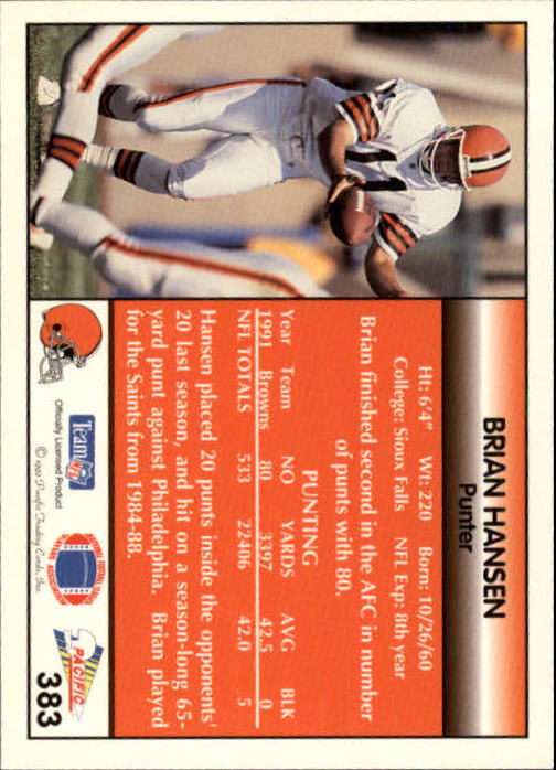 B1903- 1992 Pacific Football Cards 251-500 +Rookies -You Pick- 15+ FREE US SHIP - Picture 256 of 481