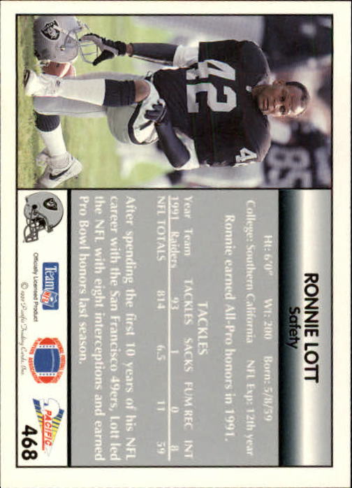 B1903- 1992 Pacific Football Cards 251-500 +Rookies -You Pick- 15+ FREE US SHIP - Picture 420 of 481