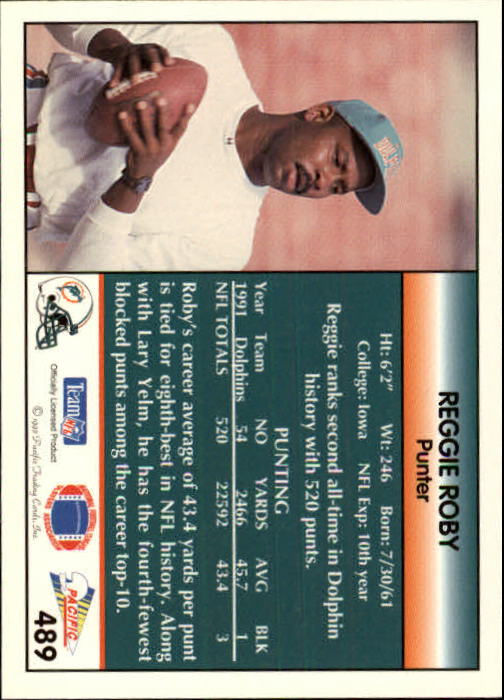 1992 Pacific #489 Reggie Roby back image
