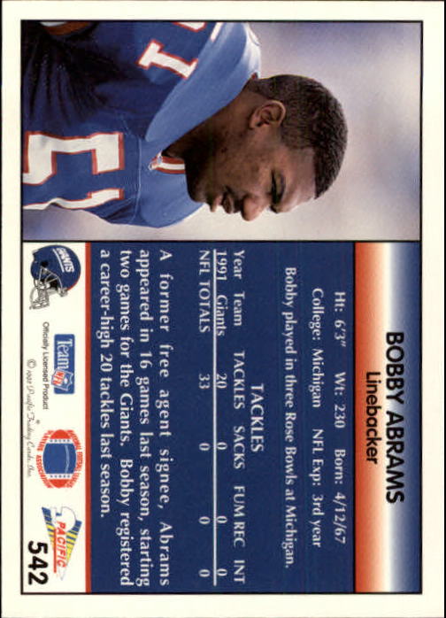 1992 Pacific #542 Bobby Abrams RC back image