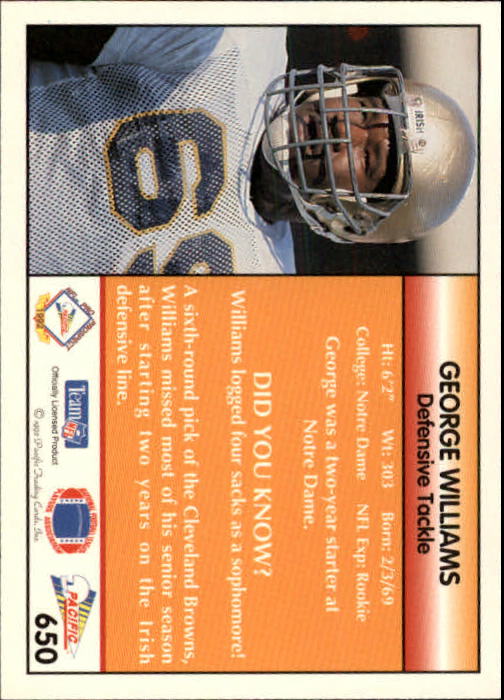 1992 Pacific #650 George Williams RC back image