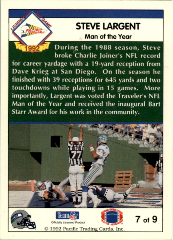 1992 Pacific Steve Largent #7 Steve Largent/Man of the Year back image