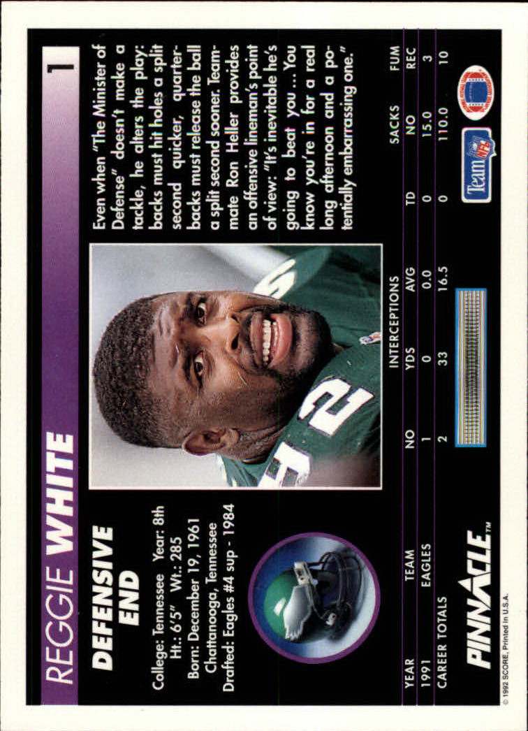 1992 Pinnacle #1 Reggie White back image
