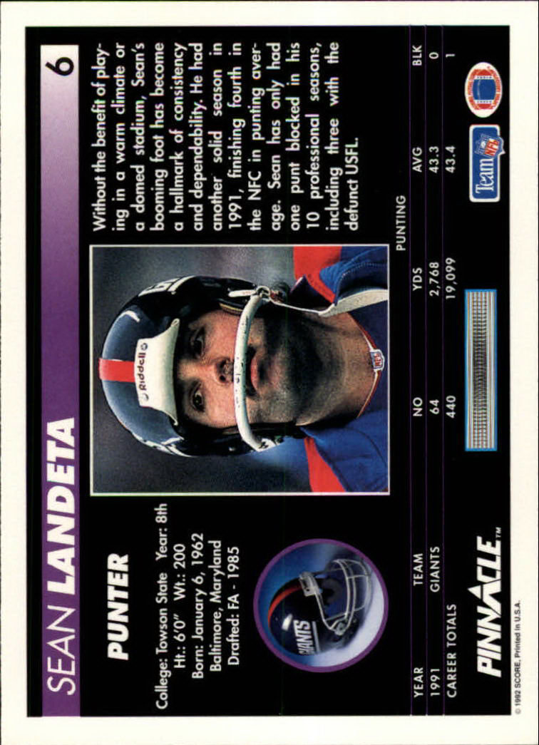 1992 Pinnacle #6 Sean Landeta back image
