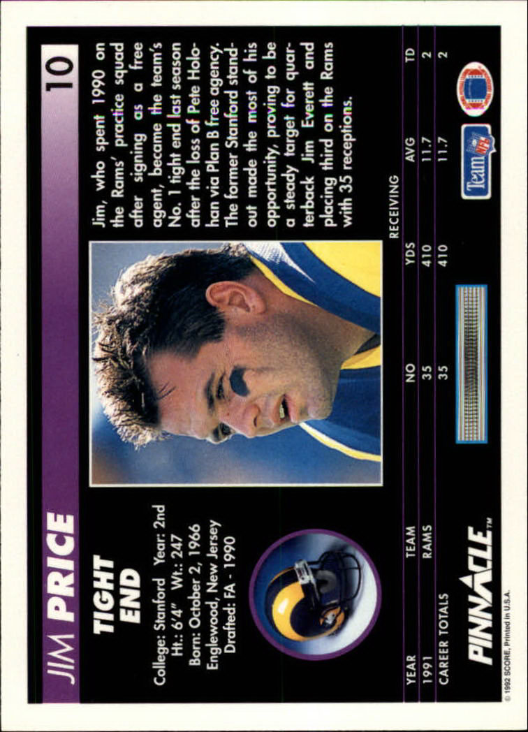 1992 Pinnacle #10 Jim Price back image