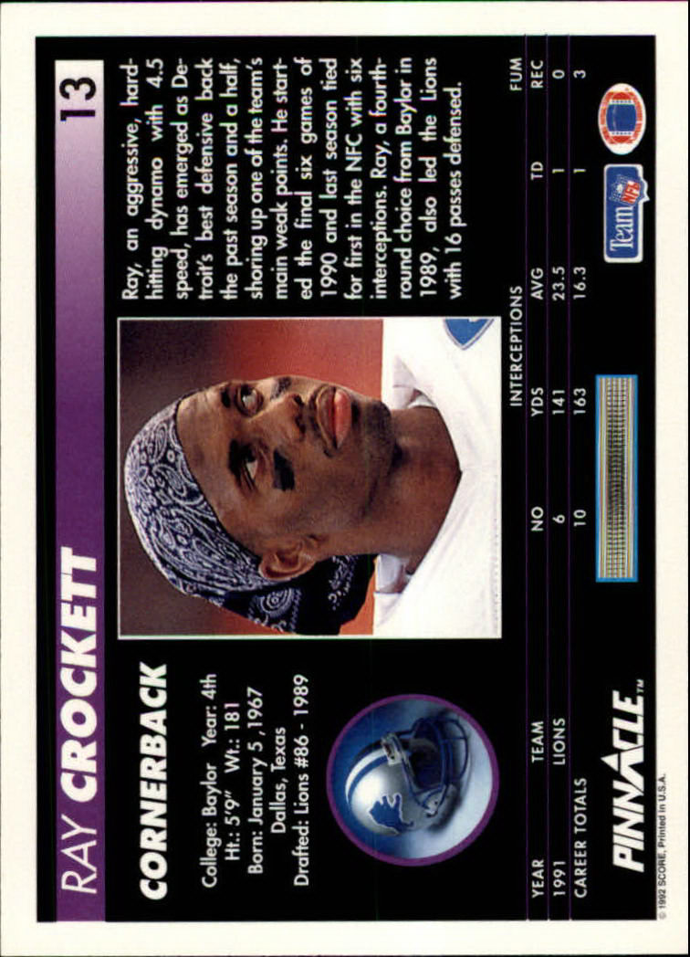 1992 Pinnacle #13 Ray Crockett back image