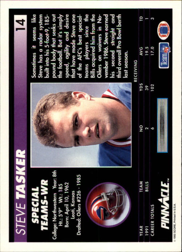 1992 Pinnacle #14 Steve Tasker back image