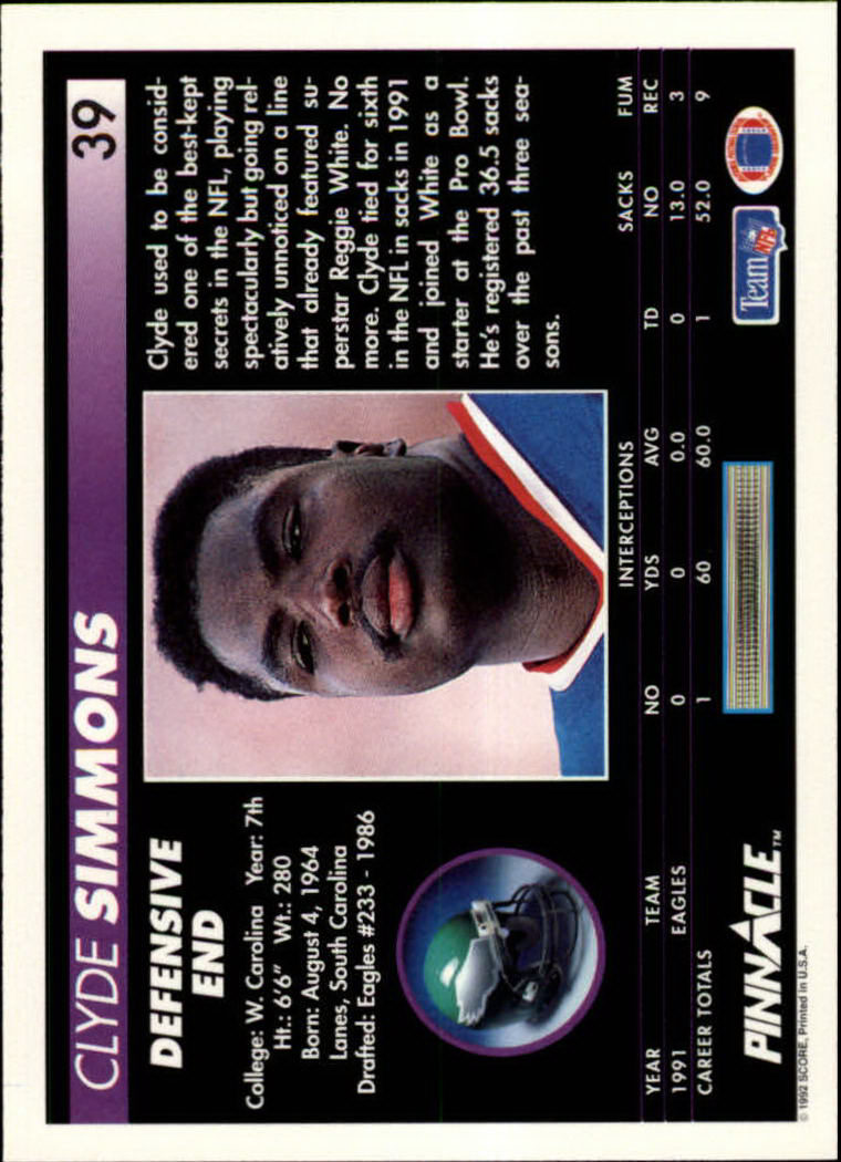 1992 Pinnacle #39 Clyde Simmons back image