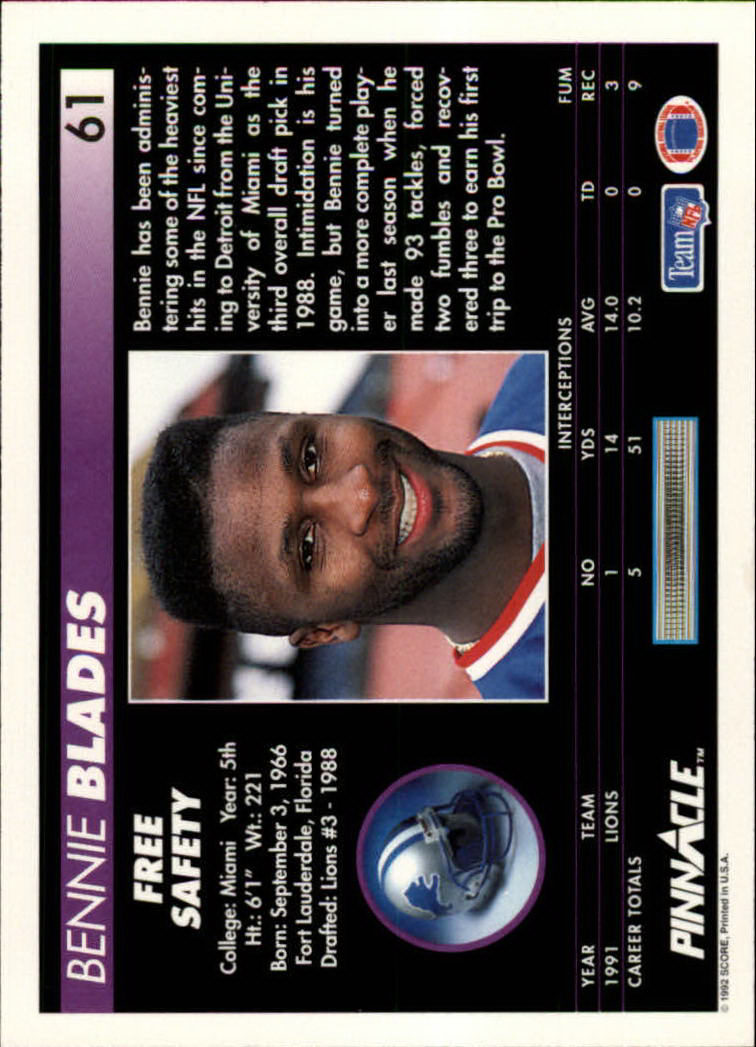 1992 Pinnacle #61 Bennie Blades back image