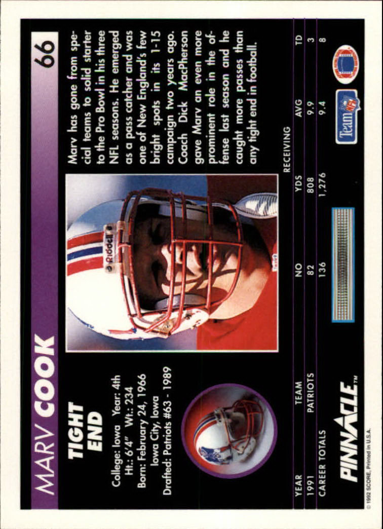 1992 Pinnacle #66 Marv Cook back image