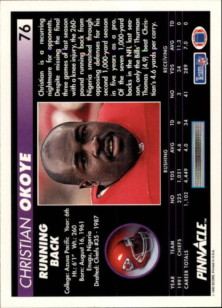1992 Pinnacle #76 Christian Okoye back image