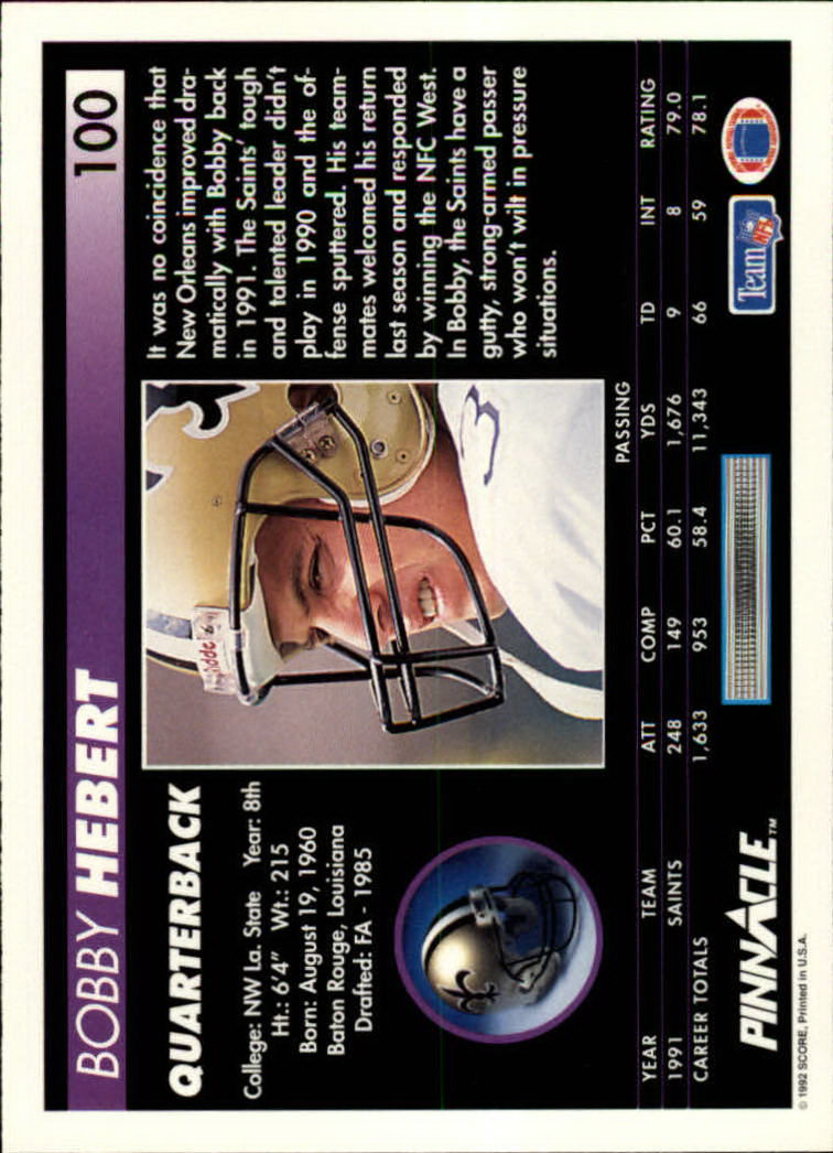 1992 Pinnacle #100 Bobby Hebert back image