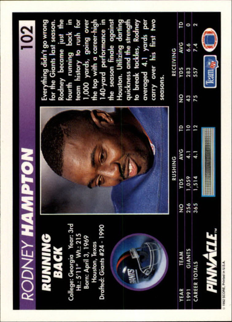 1992 Pinnacle #102 Rodney Hampton back image