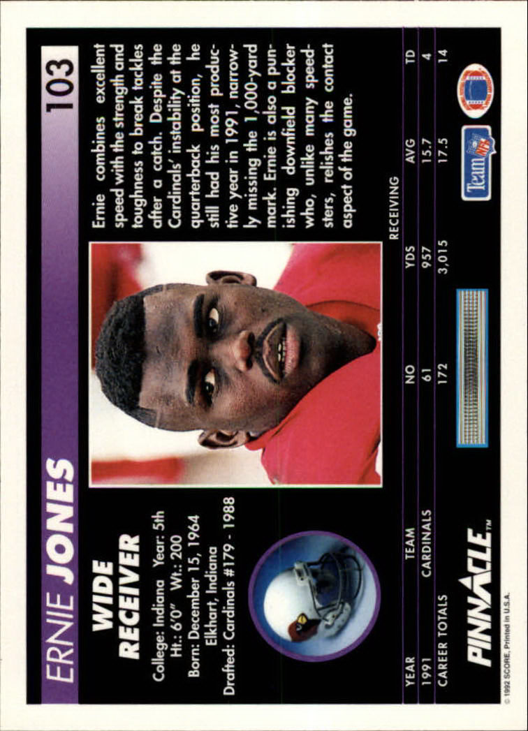 1992 Pinnacle #103 Ernie Jones back image
