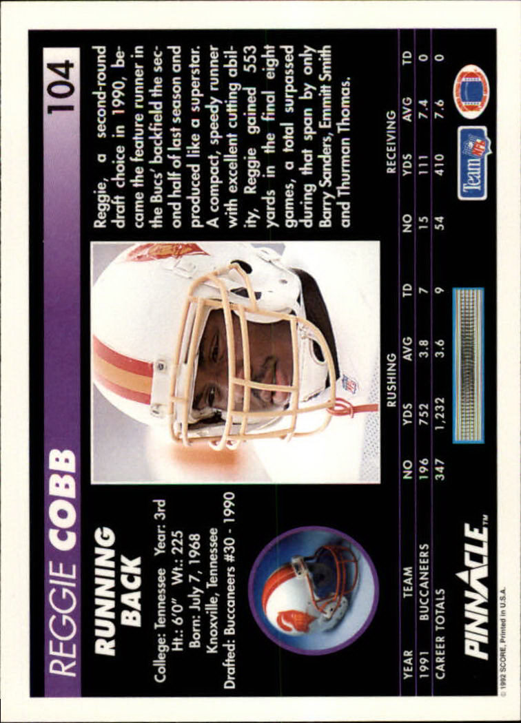 1992 Pinnacle #104 Reggie Cobb back image