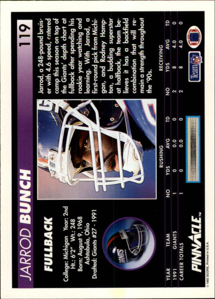 1992 Pinnacle #119 Jarrod Bunch back image